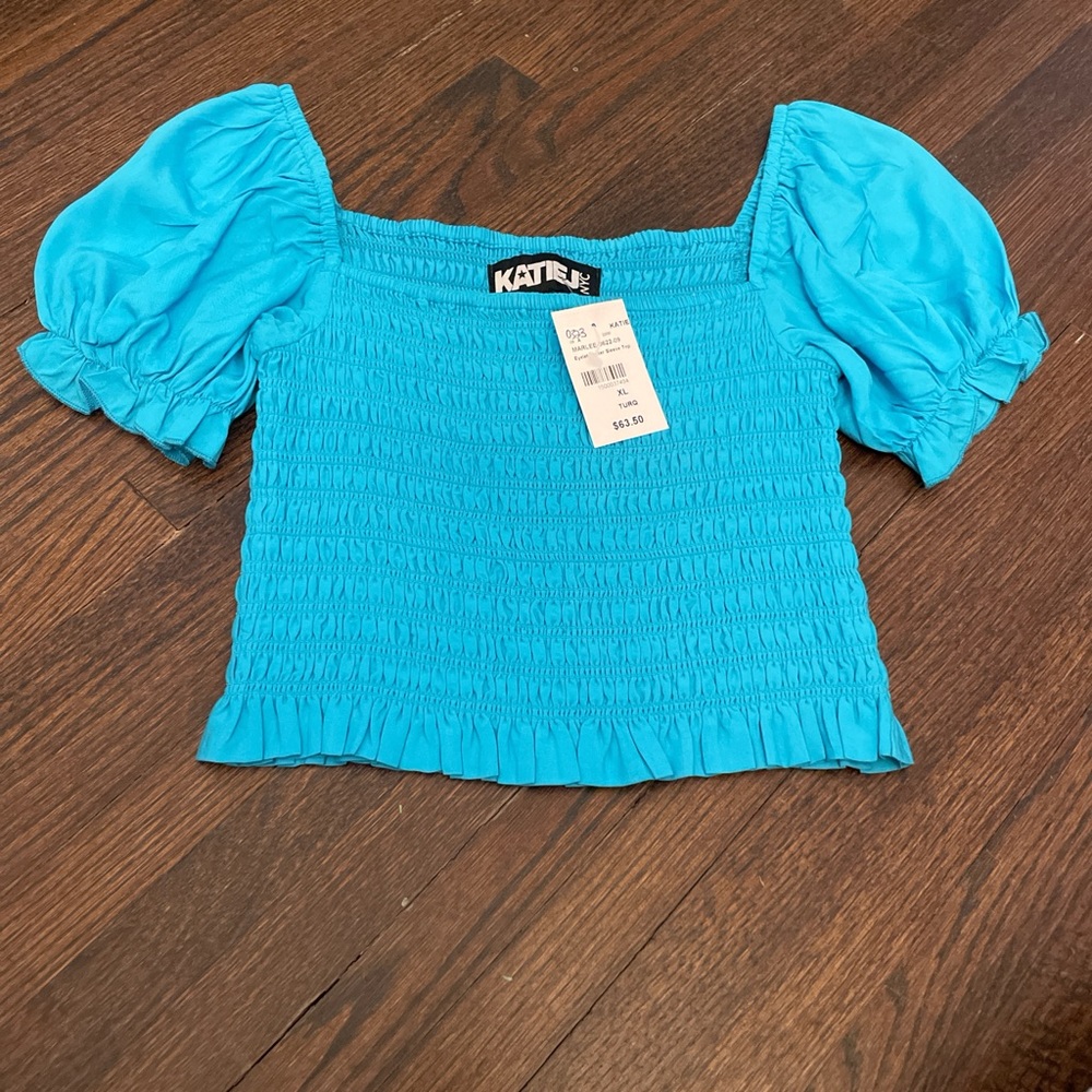 Katie J teal puffy sleeves top
